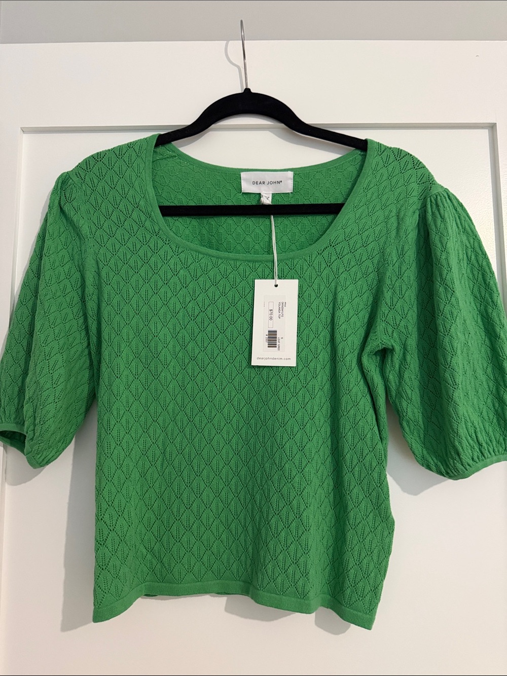 Dear John Kelly Green Knit Scoop-Neck Puff Sleeve Top